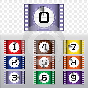 Creative movie countdown numbers colorful  set. Timer frames counting to the start of the film. Retro cinema filmstrip count