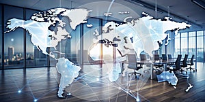 Multi exposure of world map hologram in office photo