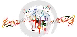 Creative music style template with music instruments, colorful guitar, microphone, piano keyboard, saxophone, trumpet, violoncello
