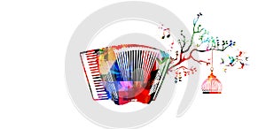 Creative music style template vector illustration, colorful accordion, nature inspired instrument background with birds. Design fo