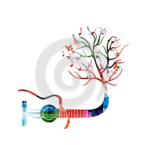 Creative music style template vector illustration, colorful guitar, tree inspired instrument background with music notes. Poster,
