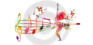 Creative music style template vector illustration, colorful music staff and notes with woman silhouette dancing, dancer performanc