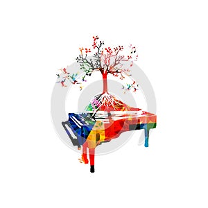 Creative music style template vector illustration, colorful piano, tree inspired instrument background with music notes. Poster, b