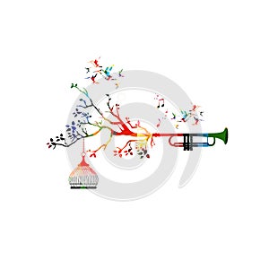 Creative music style template vector illustration, colorful trumpet, nature inspired instrument background with birds. Design for