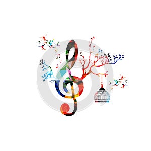 Creative music template vector illustration, colorful G-clef with music notes, music background. Musical design symbols for poster