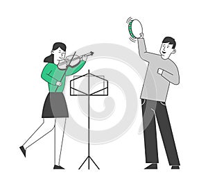 Creative Musical Duet of Boy Playing on Tambourine and Girl with Violin Performing on Stage. Class in Music School