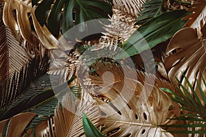 Creative nature background. Gold and green tropical Monstera and palm leaves.