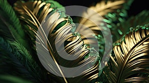 Creative nature background. Golden and green tropical monstera and palm leaves. summer abstract forest pattern.