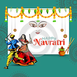 creative Navratri Graba mahotsav poster design, Indian couple playing Garba