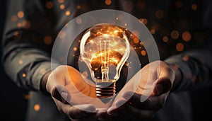 Creative new idea innovation, brainstorming, and solution concepts with electric bulb in hand