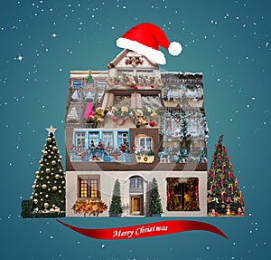 Creative New Year greeting card with houses on color background