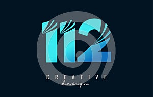 Creative number 112 logo with leading lines and road concept design. Number with geometric design