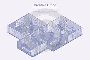 Creative Office with cafe bar and GYM Isometric Flat white monochrome vector concept photo
