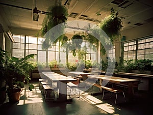 Creative office cafeteria with hanging plants and modern furniture