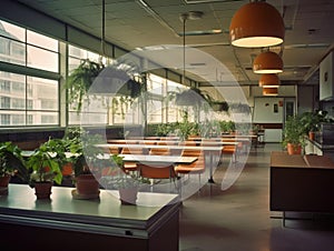 Creative office cafeteria with hanging plants and modern furniture