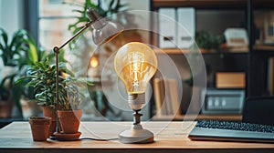 Creative office desk with glowing light bulb and potted plants