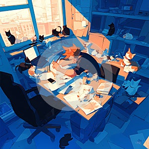 Creative Office Space with Cat Companionship