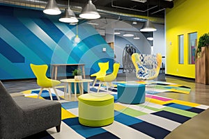 creative office space with unconventional furniture and bold colors