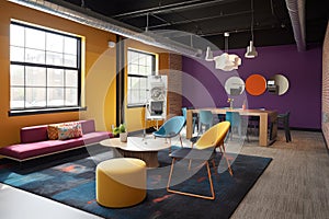 creative office space with unconventional furniture and bold colors