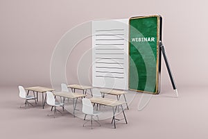 Creative online classroom interior with chairs, tables, and abstract chalkboard notepad smartphone on light background. Online