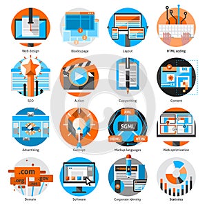 Creative Online Work Round Icons Set