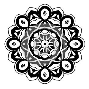 Creative ornament design. Black and white mandala. Hand drawn element. Anti-stress coloring page for adults