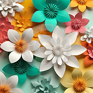 Creative paper abstract 3D flowers background. Beautiful elegant floral design. Generative AI