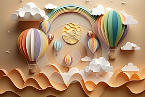 A creative paper art depicting hot air balloons, the sun, clouds, and a rainbow. Generative AI