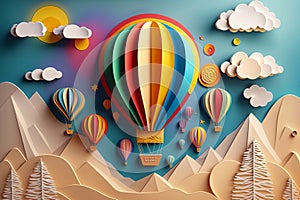 Creative paper art of sun, clouds and rainbow colored hot air balloons, Generative AI