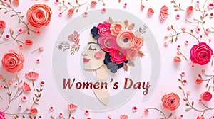 Creative papercraft design of a woman's profile adorned with flowers for Women's Day.