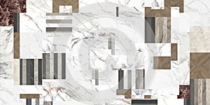 Creative patchwork pattern with white marbles, wood and geometries.