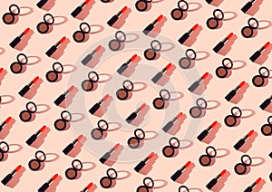 Creative pattern made of lipsticks and eyeshadows on pastel background. Cosmetic and makeup concept. Beauty and fashion theme