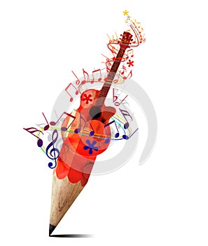 Creative pencil red acoustic guitar and music.