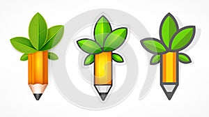 Creative pencils with green leaves. Vector illustration.
