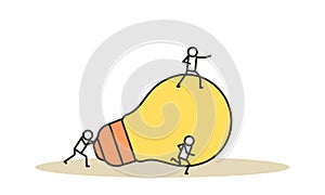 Creative people with innovative ideas. A man and woman are holding a large light bulb. Talented people concept vector illustration