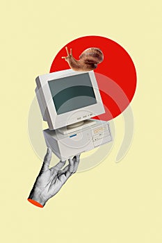Creative photo 3d abstract image collage retro old personal computer display slow connection wild snail isolated over