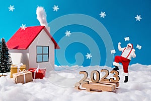 Creative photo 3d collage artwork postcard poster greeting card of happy santa rejoice new year magic time isolated on