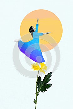 Creative photo 3d collage artwork postcard poster picture of tender young girl dance stand big flower isolated on