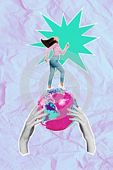 Creative photo 3d collage artwork poster postcard of active energetic girl have fun weekend party isolated on painting