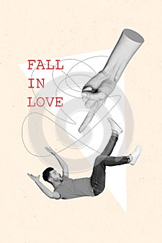 Creative photo 3d collage artwork poster postcard of crazy man unexpected fall in love lay under big arm isolated on