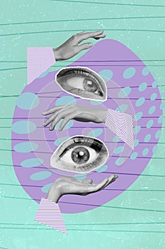 Creative photo 3d collage artwork poster postcard image of human eyes watching fake false news mass media isolated on
