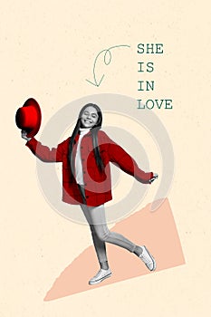 Creative photo 3d collage artwork poster postcard of joyful cute lady fall in love good mood romantic time isolated on