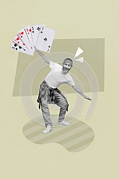 Creative photo 3d collage artwork poster postcard picture of joyful cheerful man playing casino isolated on painting