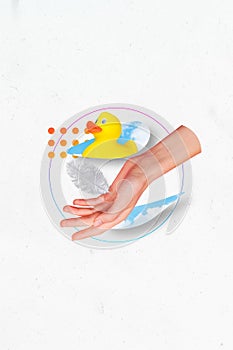 Creative photo 3d collage artwork poster postcard of rubber toy duck clouds sky human hand isolated on painting