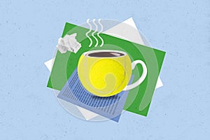 Creative photo 3d collage artwork poster of yellow cup aromatic coffee way calm down after work routine isolated on