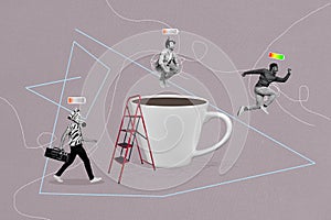 Creative photo 3d collage image artwork caricature of young tired person revive alive after coffee isolated on painting