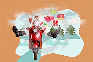 Creative photo 3d collage postcard poster picture of crazy santa hurry night eve ride fast snowy forest isolated on