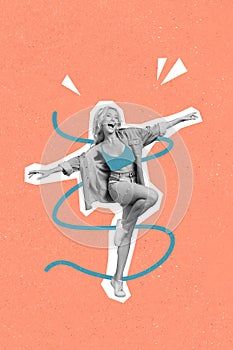 Creative photo 3d collage poster postcard artwork of carefree cheerful girl dance have fun rest relax good mood isolated