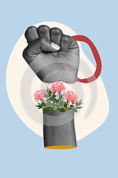 Creative photo 3d collage poster postcard artwork of human arm fist black white gamma rights protest isolated on drawing