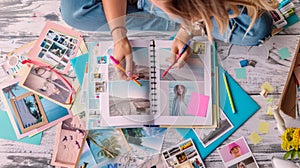 Creative photo album making with colorful scrapbook materials